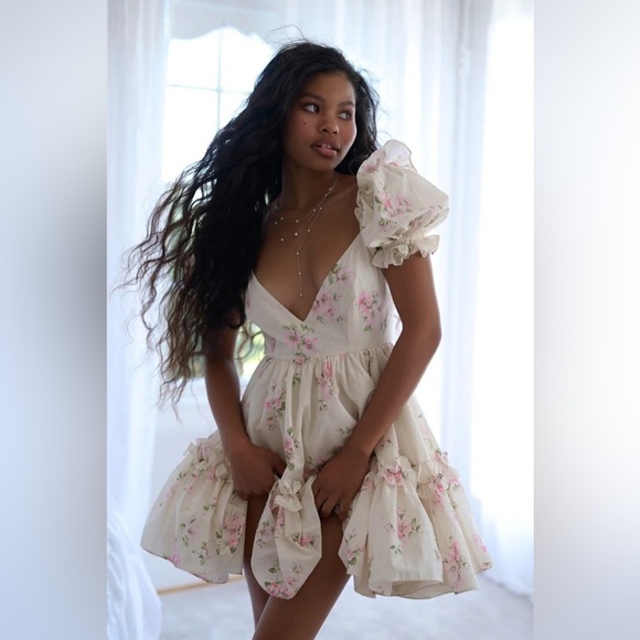 NEW Selkie Summer Home Girls Night Out Mini Ruffle Dress Pink Cream Floral | XS - Picture 3 of 15